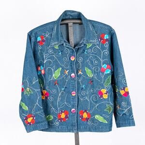 Vintage Women's Denim Jacket LARGE Embroidered Floral Rainbow Colorful Cottage